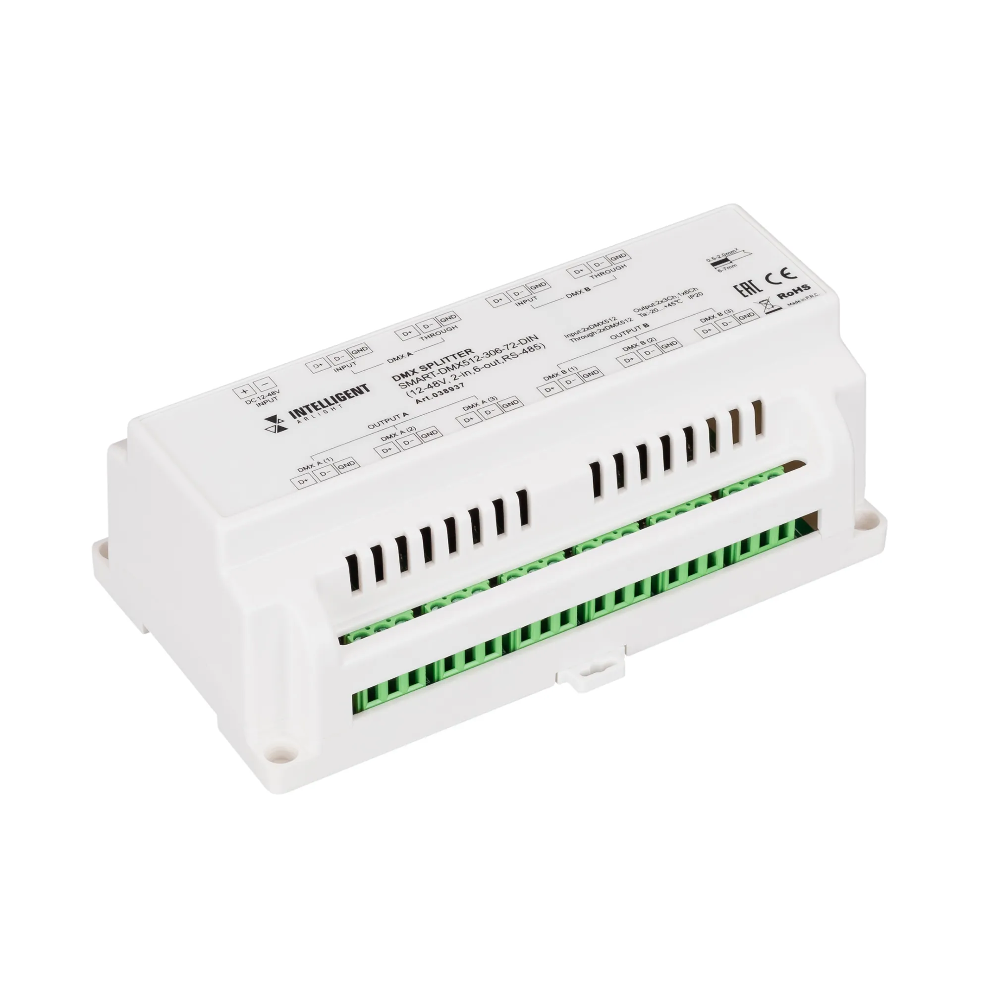 INTELLIGENT ARLIGHT Сплиттер SMART-DMX512-306-72-DIN (12-48V, 2-in, 6-out, RS-485) (IARL, IP20 Металл, 5 лет) - изображение товара